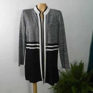 Misook Cardigan Women Medium Navy Grey Colorblock Knit Open Front Duster Jacket